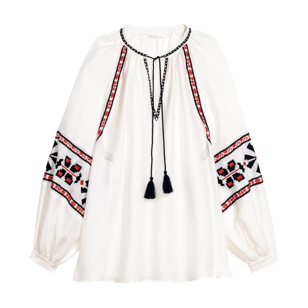 H&M White Relaxed Blouse with Embroidered Details